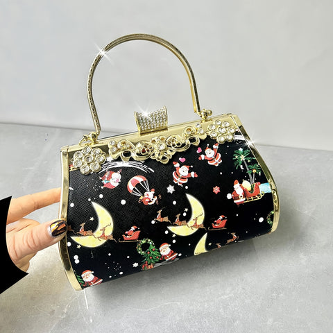 1pc Honey Girl Christmas Themed Clutch, Faux Leather Evening Bag with Rhinestone Embellishments, Floral Anime Pattern, Zippered Pockets, Removable Shoulder Strap, Snap Closure, Polyester Lined, Stain Resistant - Ideal for Weddings, Parties, and Festive Oc