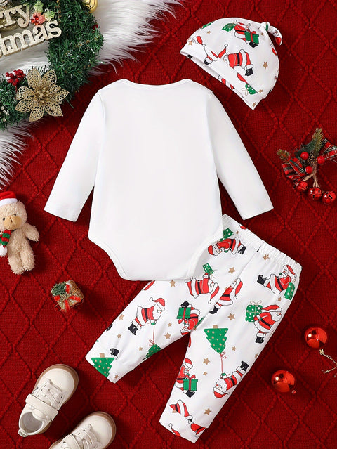 2pcs Baby's "My 1st Christmas" Pattern Bodysuit & Hat & Casual Pants, Toddler & Infant Boy's Clothing Set