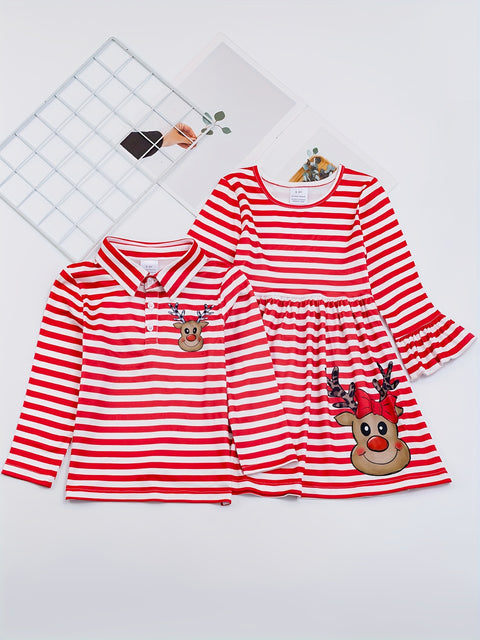 1pcs (Not 2pcs, Please Purchase Boy's Or Girl's Clothing Separately) Sister And Brother Matching Striped Dress Or Shirt, Christmas Reindeer Print Clothes For Vacation Family Activities