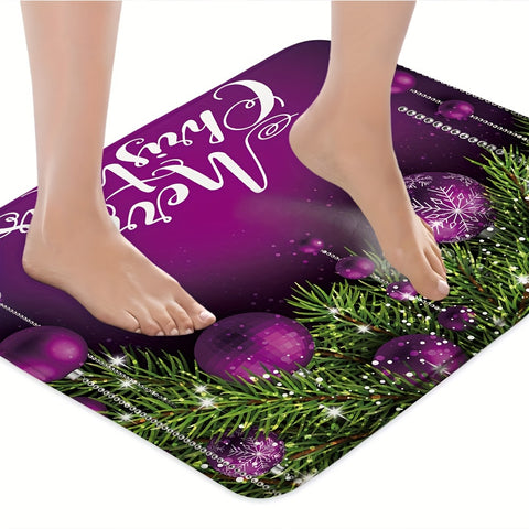 1.3cm Thick Soft Durable Polyester Christmas Merry Bath Mat with Non-Slip Knit Fabric, Purple Bell Pine Branches Design, 630gsm Heavy Duty Bath Rug for Bathroom, Kitchen, Entryway, Bedroom