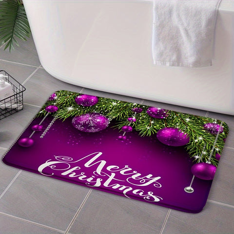 1.3cm Thick Soft Durable Polyester Christmas Merry Bath Mat with Non-Slip Knit Fabric, Purple Bell Pine Branches Design, 630gsm Heavy Duty Bath Rug for Bathroom, Kitchen, Entryway, Bedroom