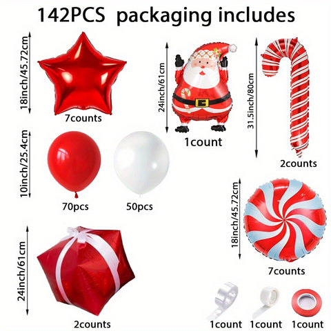 142pcs Christmas Balloon Arch Kit - Festive Red & White Latex and Foil Balloons with Santa, Gift Box, Candy Windmill Designs for Holiday Party Decorations Holiday Decorations