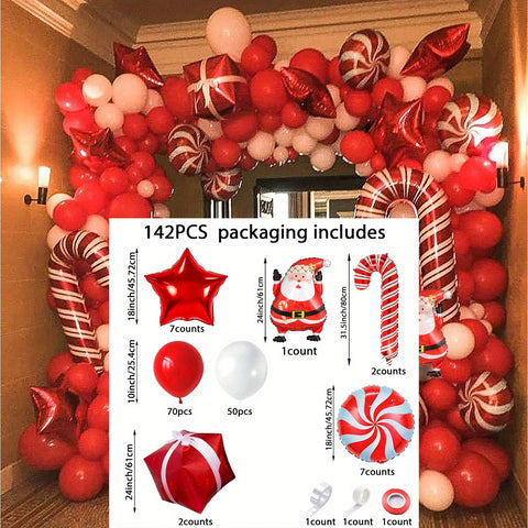 142pcs Christmas Balloon Arch Kit - Festive Red & White Latex and Foil Balloons with Santa, Gift Box, Candy Windmill Designs for Holiday Party Decorations Holiday Decorations