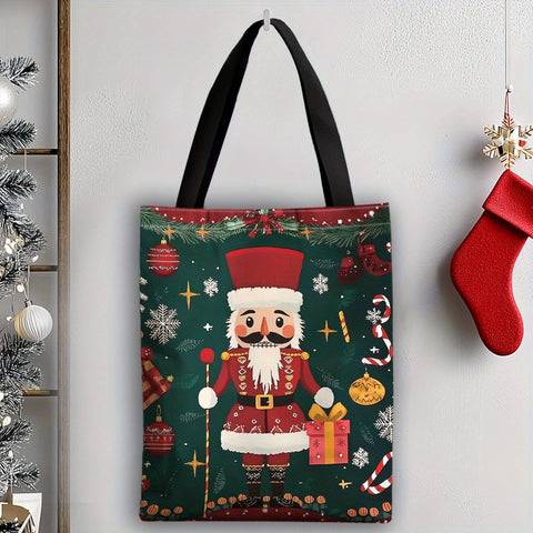 1pc, JIT+ Christmas Nutcracker Canvas Tote Bag, Elegant Polyester Shopping & Gift Bag, Unisex, Machine Washable, No Iron, No Lining, Random Print, Durable Shoulder Straps