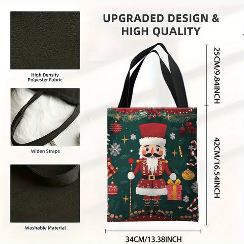 1pc, JIT+ Christmas Nutcracker Canvas Tote Bag, Elegant Polyester Shopping & Gift Bag, Unisex, Machine Washable, No Iron, No Lining, Random Print, Durable Shoulder Straps