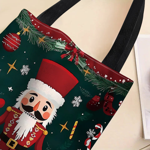 1pc, JIT+ Christmas Nutcracker Canvas Tote Bag, Elegant Polyester Shopping & Gift Bag, Unisex, Machine Washable, No Iron, No Lining, Random Print, Durable Shoulder Straps