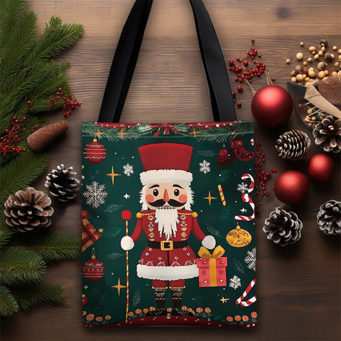 1pc, JIT+ Christmas Nutcracker Canvas Tote Bag, Elegant Polyester Shopping & Gift Bag, Unisex, Machine Washable, No Iron, No Lining, Random Print, Durable Shoulder Straps