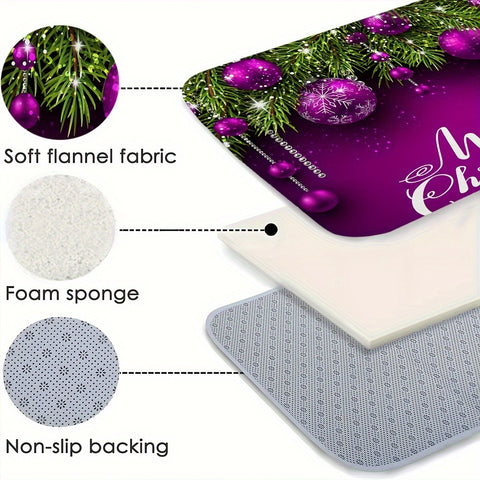 1.3cm Thick Soft Durable Polyester Christmas Merry Bath Mat with Non-Slip Knit Fabric, Purple Bell Pine Branches Design, 630gsm Heavy Duty Bath Rug for Bathroom, Kitchen, Entryway, Bedroom