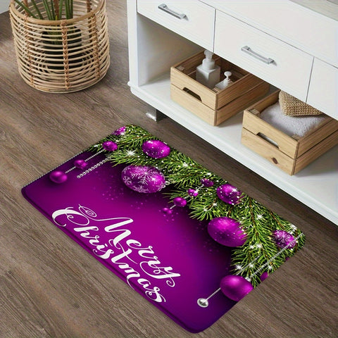 1.3cm Thick Soft Durable Polyester Christmas Merry Bath Mat with Non-Slip Knit Fabric, Purple Bell Pine Branches Design, 630gsm Heavy Duty Bath Rug for Bathroom, Kitchen, Entryway, Bedroom