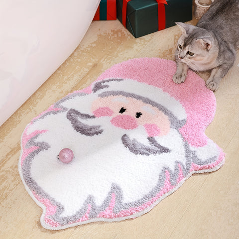 1pc Soft Pink Santa Claus Christmas Bath Mat - Non-Slip, Absorbent, Thick, Durable, Machine Washable, Polyester, Irregular Shape for Home Decor