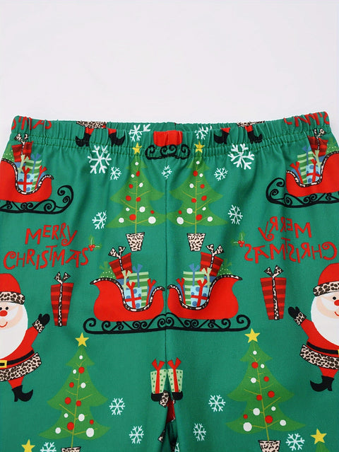 Kids Christmas Santa Print Pajama Set, Boys & Girls Long Sleeve Top & Pants, Fire Retardant Knitted Fabric, Soft Comfortable Party Wear, Regular Fit, Polyester & Spandex Blend, Green with Red Trim