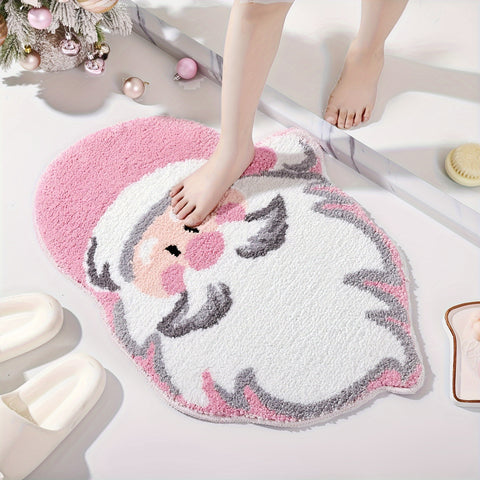 1pc Soft Pink Santa Claus Christmas Bath Mat - Non-Slip, Absorbent, Thick, Durable, Machine Washable, Polyester, Irregular Shape for Home Decor