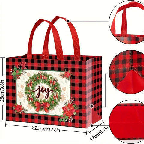 12-Pack Extra-Large Waterproof Reusable Tote Bags, 12.8x17.7 inches, Non-Woven Red Plaid Gift Bags with Handles for Christmas, Multipurpose Shopping Party Favor Bags