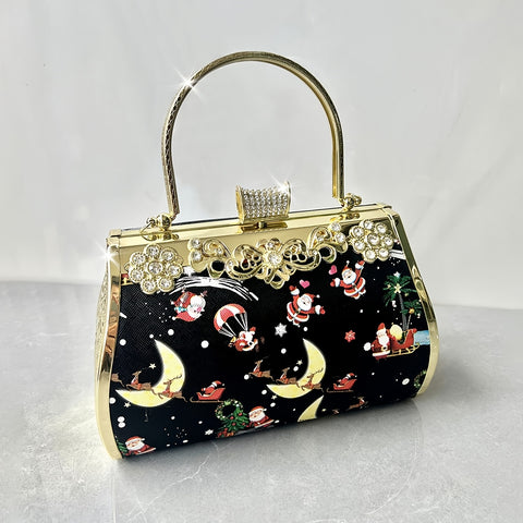 1pc Honey Girl Christmas Themed Clutch, Faux Leather Evening Bag with Rhinestone Embellishments, Floral Anime Pattern, Zippered Pockets, Removable Shoulder Strap, Snap Closure, Polyester Lined, Stain Resistant - Ideal for Weddings, Parties, and Festive Oc