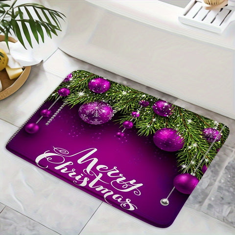 1.3cm Thick Soft Durable Polyester Christmas Merry Bath Mat with Non-Slip Knit Fabric, Purple Bell Pine Branches Design, 630gsm Heavy Duty Bath Rug for Bathroom, Kitchen, Entryway, Bedroom