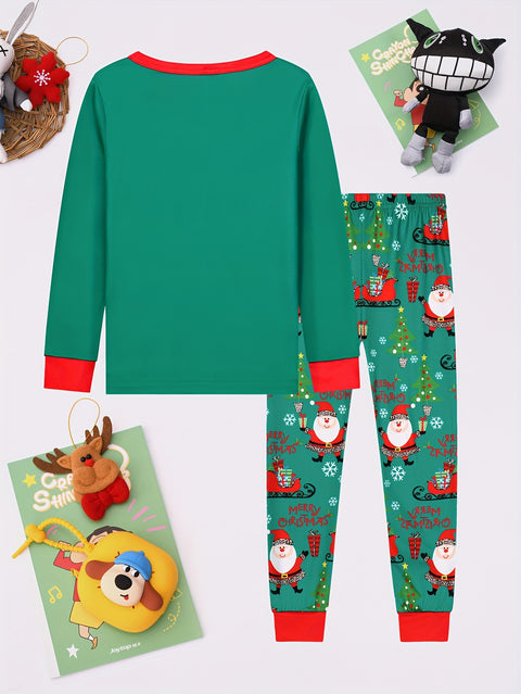 Kids Christmas Santa Print Pajama Set, Boys & Girls Long Sleeve Top & Pants, Fire Retardant Knitted Fabric, Soft Comfortable Party Wear, Regular Fit, Polyester & Spandex Blend, Green with Red Trim