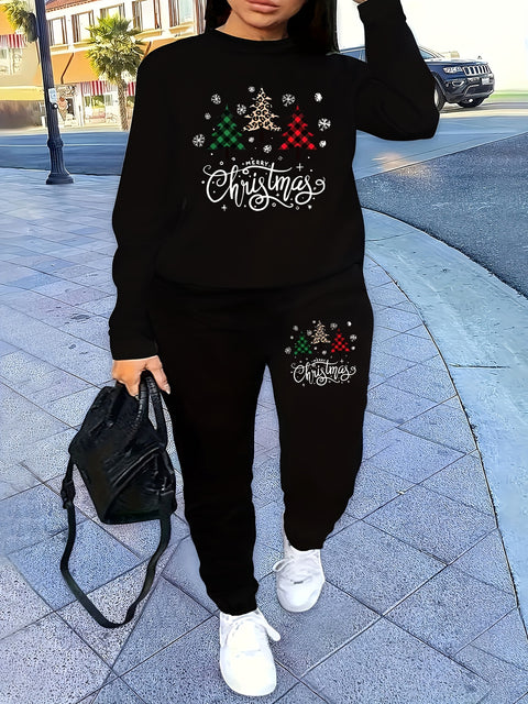 Christmas Ladies' Fashion Printed Sweatshirt & Long Pants Set Casual Knit Polyester Round Neck with Christmas Pattern for Autumn/Winter