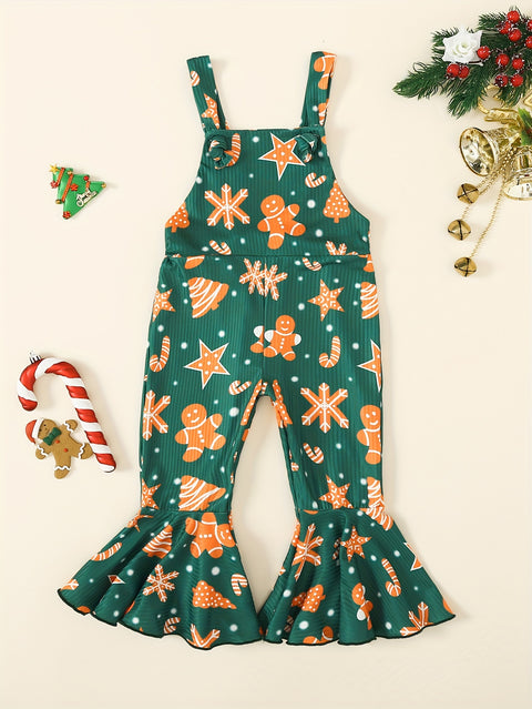 Adorable Toddler Girls' Gingerbread Man Print Flare Pants Romper Jumpsuit - Soft and Comfy Christmas Party Outfit for Kids - Festive Holiday Clothing for Little Girls