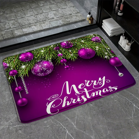 1.3cm Thick Soft Durable Polyester Christmas Merry Bath Mat with Non-Slip Knit Fabric, Purple Bell Pine Branches Design, 630gsm Heavy Duty Bath Rug for Bathroom, Kitchen, Entryway, Bedroom