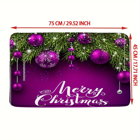 1.3cm Thick Soft Durable Polyester Christmas Merry Bath Mat with Non-Slip Knit Fabric, Purple Bell Pine Branches Design, 630gsm Heavy Duty Bath Rug for Bathroom, Kitchen, Entryway, Bedroom