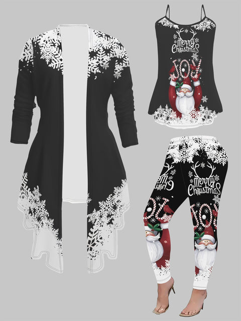 Christmas Themed Women's Pants Set with Tank Top and Long Sleeve Cardigan - Polyester Knit Fabric, Round Neck, Festive Santa Print, All-Season Cozy Wear