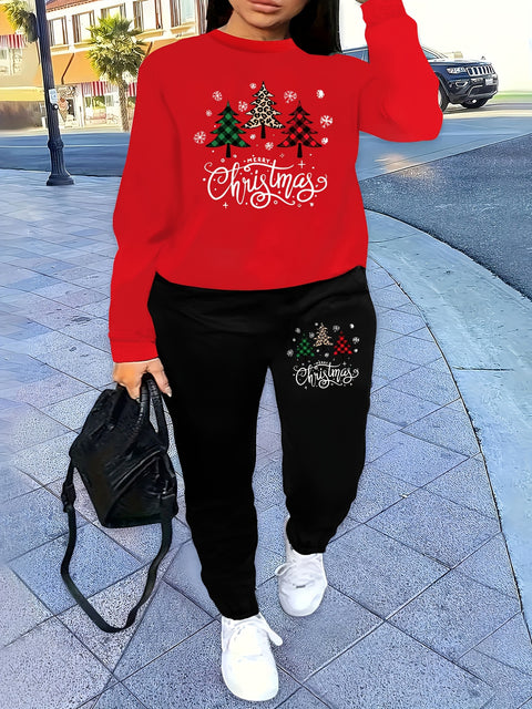 Christmas Ladies' Fashion Printed Sweatshirt & Long Pants Set Casual Knit Polyester Round Neck with Christmas Pattern for Autumn/Winter