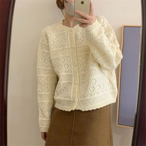 2025METAVERSMALL  New Versatile Crew Neck Sweater Jacket Korean Version Gentle Wind Hollow Hook Knitted Sweater Cardigan Women's Autumn and Winter