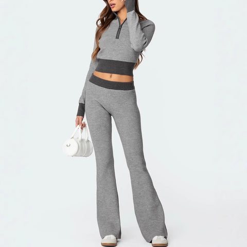 METAVERSMALL 2025 New new  fashion suit women's casual contrasting navel top flared pants two-piece women's clothing