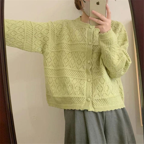 2025METAVERSMALL  New Versatile Crew Neck Sweater Jacket Korean Version Gentle Wind Hollow Hook Knitted Sweater Cardigan Women's Autumn and Winter