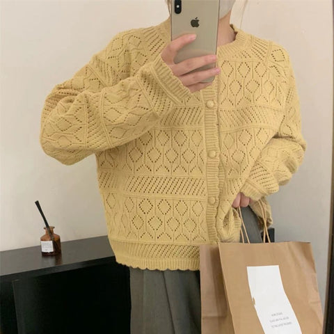 2025METAVERSMALL  New Versatile Crew Neck Sweater Jacket Korean Version Gentle Wind Hollow Hook Knitted Sweater Cardigan Women's Autumn and Winter