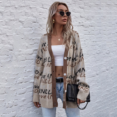 METAVERSMALL 2023 autumn and winter knitted cardigan 2025 letter fashion jacquard long-sleeved medium and long sweater jacket