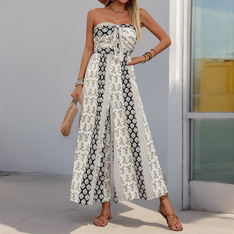 METAVERSMALL ,  are hot in summer, high-waisted lace-up wide-leg pants, splicing ethnic style casual wide-leg trousers