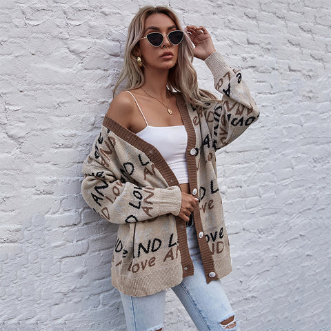 METAVERSMALL 2023 autumn and winter knitted cardigan 2025 letter fashion jacquard long-sleeved medium and long sweater jacket