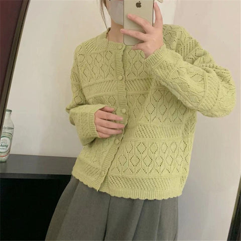 2025METAVERSMALL  New Versatile Crew Neck Sweater Jacket Korean Version Gentle Wind Hollow Hook Knitted Sweater Cardigan Women's Autumn and Winter