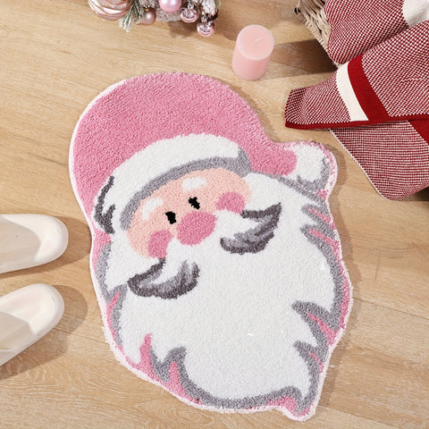 1pc Soft Pink Santa Claus Christmas Bath Mat - Non-Slip, Absorbent, Thick, Durable, Machine Washable, Polyester, Irregular Shape for Home Decor