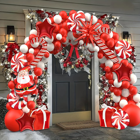 142pcs Christmas Balloon Arch Kit - Festive Red & White Latex and Foil Balloons with Santa, Gift Box, Candy Windmill Designs for Holiday Party Decorations Holiday Decorations