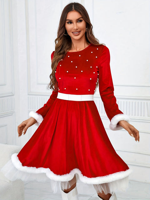 1pc Festive Christmas Dress for Women, Polyester Red Santa Costume with Faux Fur Trim and Belt Detail, Casual Round Neck Long Sleeve Holiday Party Outfit