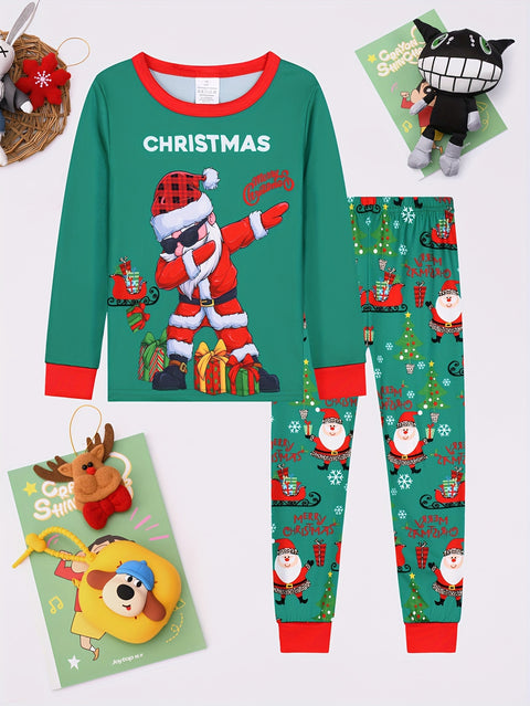 Kids Christmas Santa Print Pajama Set, Boys & Girls Long Sleeve Top & Pants, Fire Retardant Knitted Fabric, Soft Comfortable Party Wear, Regular Fit, Polyester & Spandex Blend, Green with Red Trim