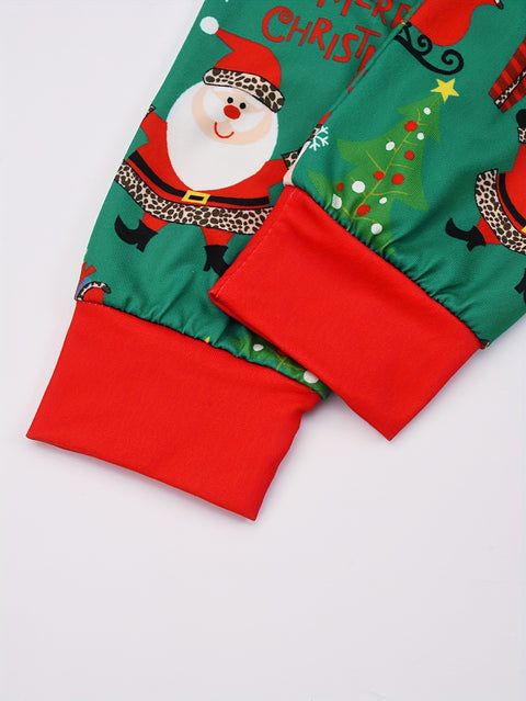 Kids Christmas Santa Print Pajama Set, Boys & Girls Long Sleeve Top & Pants, Fire Retardant Knitted Fabric, Soft Comfortable Party Wear, Regular Fit, Polyester & Spandex Blend, Green with Red Trim