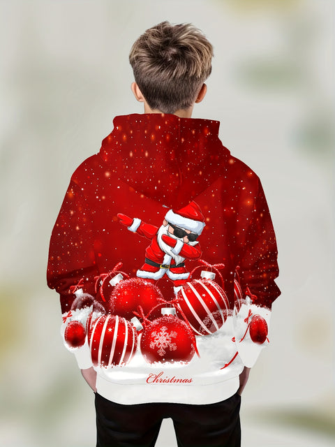 1pc Boys' Christmas Santa Claus 3D Print Hoodie - Fashionable & Comfortable Polyester Knit Pullover with Pockets, Regular Fit Long Sleeve Hooded Sweatshirt for Spring/Autumn, Party Style