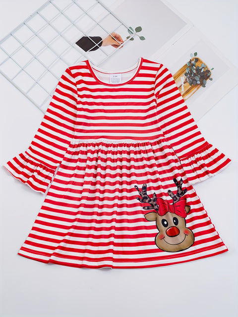 1pcs (Not 2pcs, Please Purchase Boy's Or Girl's Clothing Separately) Sister And Brother Matching Striped Dress Or Shirt, Christmas Reindeer Print Clothes For Vacation Family Activities