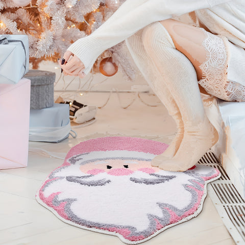 1pc Soft Pink Santa Claus Christmas Bath Mat - Non-Slip, Absorbent, Thick, Durable, Machine Washable, Polyester, Irregular Shape for Home Decor