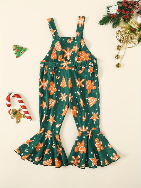 Adorable Toddler Girls' Gingerbread Man Print Flare Pants Romper Jumpsuit - Soft and Comfy Christmas Party Outfit for Kids - Festive Holiday Clothing for Little Girls