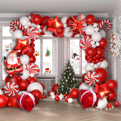 142pcs Christmas Balloon Arch Kit - Festive Red & White Latex and Foil Balloons with Santa, Gift Box, Candy Windmill Designs for Holiday Party Decorations Holiday Decorations